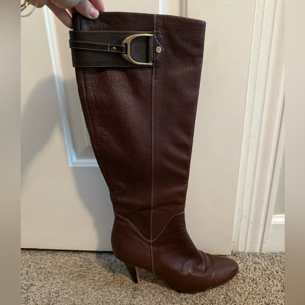 Cole Haan Brown Heeled Boots with Buckle Detail